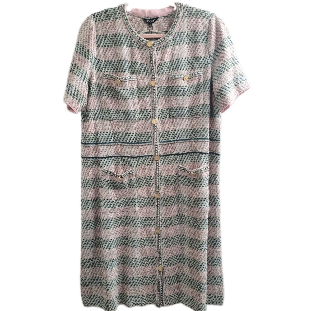 Misook NWT Bold Plaid Tweed Knit Sheath Dress L Pink Green Modern Fit $378